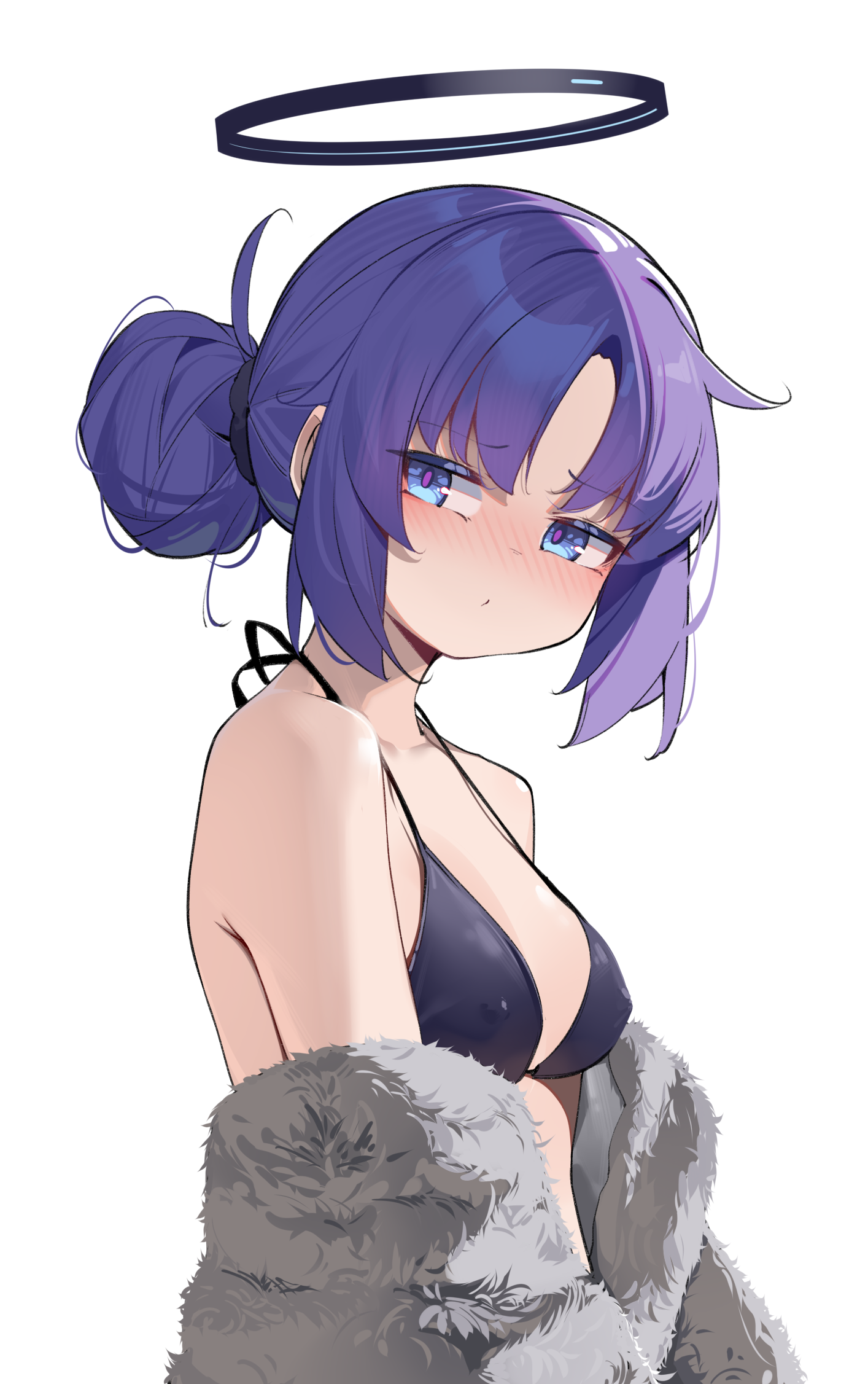 painterliuhao, yuuka (blue archive), blue archive, highres, 1girl, alternate costume, bikini, black bikini, blush, breasts, covered erect nipples, hair bun, halo, looking at viewer, medium breasts, purple hair, simple background, solo, swimsuit, white background