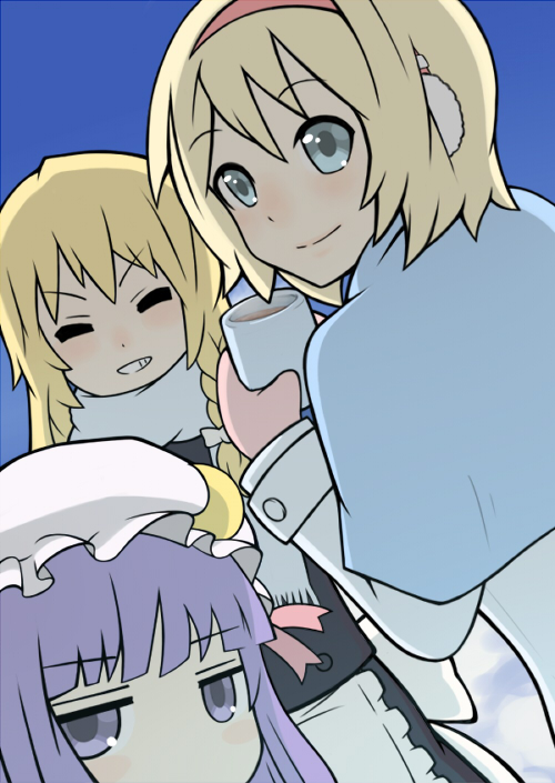 riichi, shun (nikoru555), alice margatroid, kirisame marisa, patchouli knowledge, perfect cherry blossom, touhou, bad id, bad pixiv id, 3girls, blonde hair, blue eyes, braid, capelet, closed eyes, earmuffs, female focus, grin, hat, long hair, mittens, multiple girls, purple eyes, purple hair, scarf, short hair, smile, tea