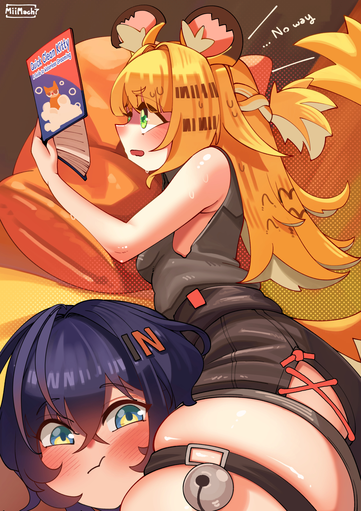 miimach7, belle (zenless zone zero), ju fufu, zenless zone zero, commentary, english commentary, highres, 2girls, animal ear fluff, animal ears, bell, between thighs, blue eyes, blue hair, blush, book, english text, green eyes, hair between eyes, holding, holding book, i'm this clingy (meme), long hair, lying, meme, multiple girls, open mouth, orange hair, pillow, reading, shorts, skindentation, tail, thick thighs, thigh strap, thighs