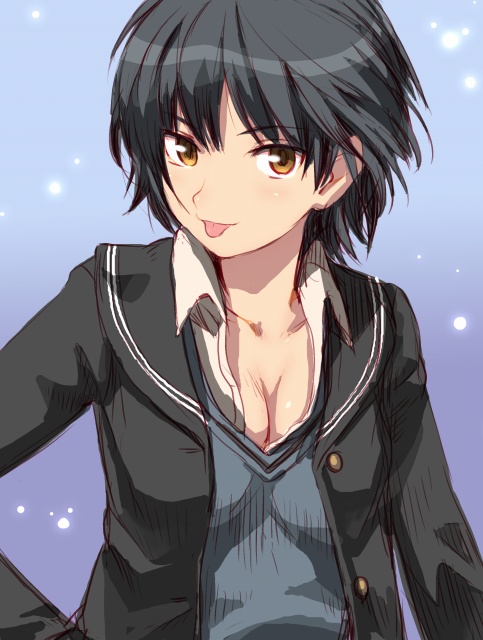 tks46, nanasaki ai, amagami, bad id, bad pixiv id, 1girl, :p, black hair, blush, breasts, brown eyes, cleavage, female focus, medium breasts, short hair, solo, sweater, tongue, tongue out