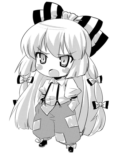 hama chon, fujiwara no mokou, touhou, 1girl, angry, bow, chibi, female focus, full body, greyscale, hair bow, hair ribbon, long hair, monochrome, multiple hair bows, ribbon, simple background, solo, white background