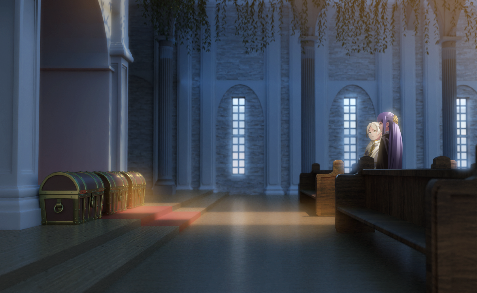 fern (sousou no frieren), frieren, blue archive, sousou no frieren, blender (medium), commentary request, highres, 2girls, arch, black cloak, cloak, column, grey hair, indoors, long hair, multiple girls, pew, pillar, purple hair, sansanchin3, standing, straight hair, treasure chest, window