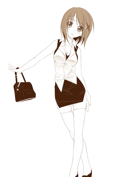 himura kiseki, yagami hayate, lyrical nanoha, mahou shoujo lyrical nanoha, mahou shoujo lyrical nanoha strikers, 00s, 1girl, bag, bare shoulders, brown eyes, brown hair, brown theme, casual, crossed legs, female focus, hair ornament, hairpin, handbag, miniskirt, monochrome, open mouth, pencil skirt, short hair, skirt, solo, standing, thighhighs, watson cross, white thighhighs, x hair ornament, zettai ryouiki