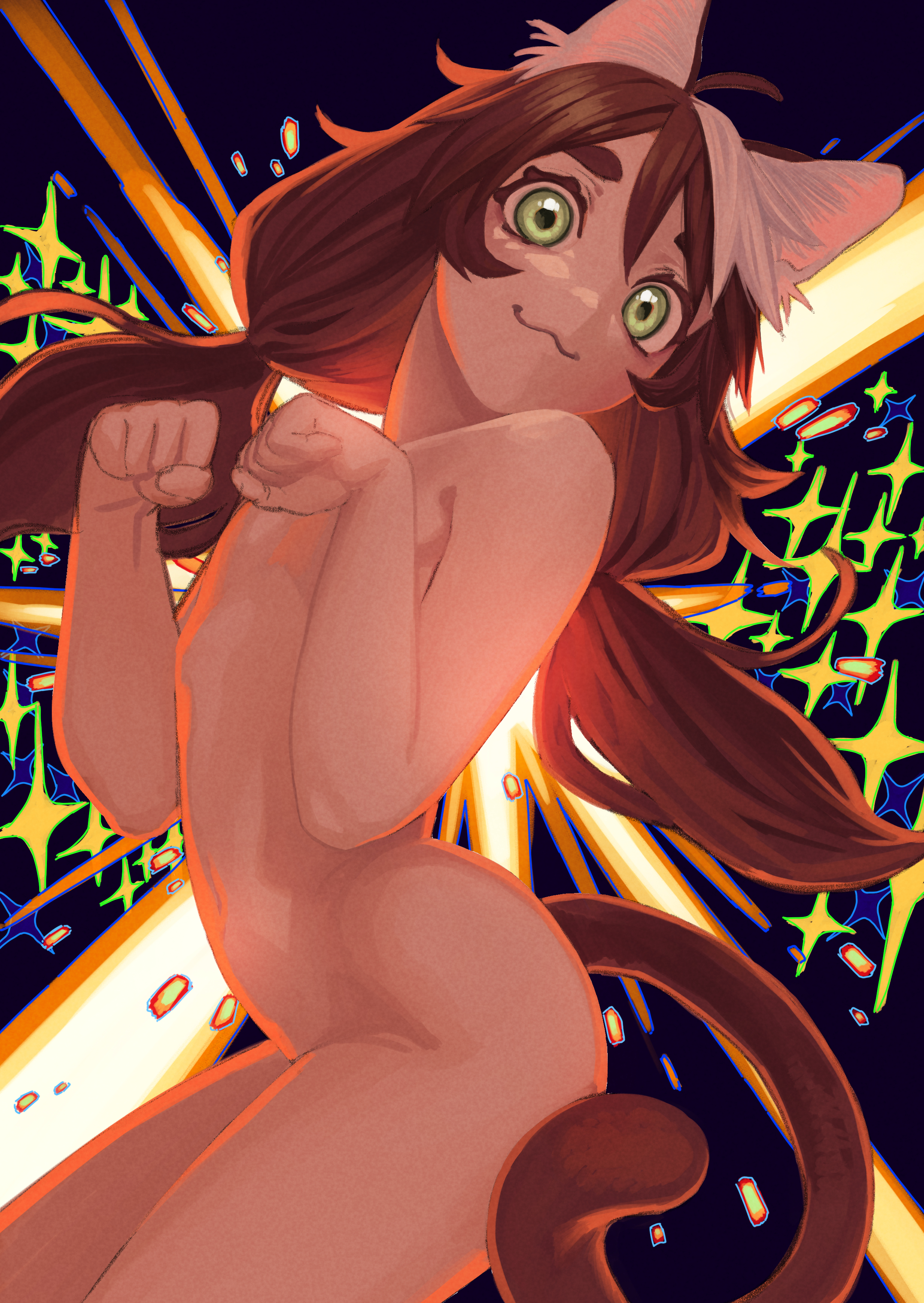 pastime774, absurdres, highres, 1girl, :3, ahoge, animal ear fluff, animal ears, arched back, brown hair, cat ears, cat girl, cat tail, completely nude, cowboy shot, flat chest, green eyes, light rays, long hair, looking at viewer, low twintails, multicolored hair, navel, nude, paw pose, solo, sparkle background, tail, thick eyebrows, twintails, two-tone hair, unique job "tanetsuke oji-san" o kakutoku shimashita, white hair