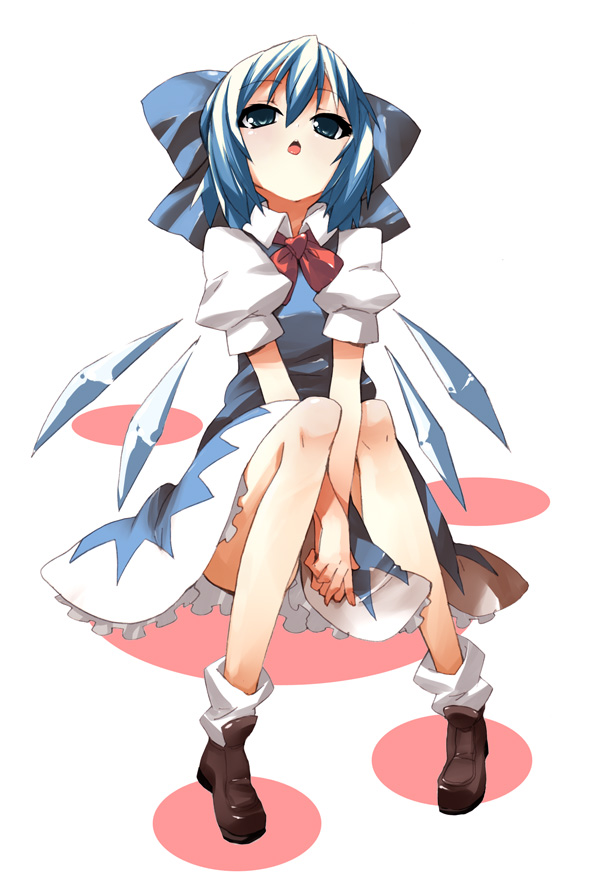 hama chon, cirno, embodiment of scarlet devil, touhou, 1girl, blue eyes, blue hair, bow, dress, female focus, full body, hair bow, matching hair/eyes, short hair, solo, white background, wings