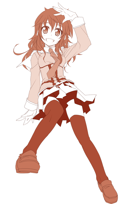 himura kiseki, akashi kaoru, zettai karen children, 00s, 1girl, female focus, grin, messy hair, monochrome, orange theme, school uniform, smile, solo, thighhighs