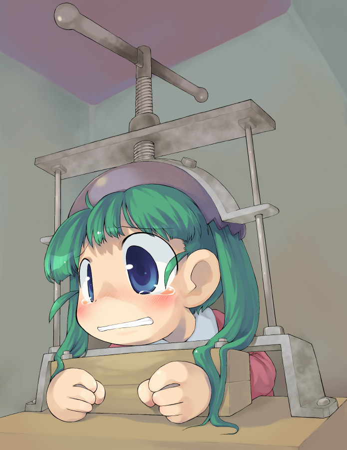 sakurabe notos, wagahai hakase, futaba channel, original, 1girl, bad end, blue eyes, female focus, green hair, restrained, solo, stationary restraints, stocks, tears, torture, torture instruments, twintails