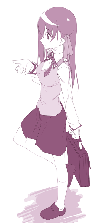 himura kiseki, matou sakura, fate/stay night, fate (series), 00s, 1girl, bag, female focus, hair ribbon, homurabara academy school uniform, leg up, monochrome, purple theme, ribbon, school bag, school uniform, solo, standing