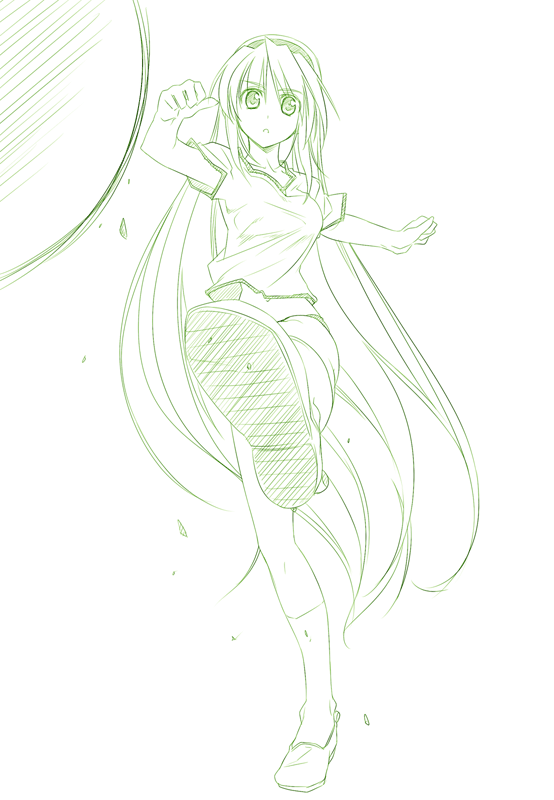 himura kiseki, sakagami tomoyo, clannad, 00s, 1girl, ball, female focus, foreshortening, green theme, gym uniform, hairband, kicking, long hair, monochrome, solo, very long hair