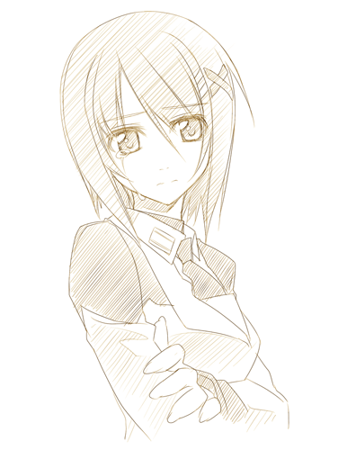himura kiseki, yagami hayate, lyrical nanoha, mahou shoujo lyrical nanoha, lowres, 00s, 1girl, brown theme, female focus, hair ornament, monochrome, solo, tears, x hair ornament