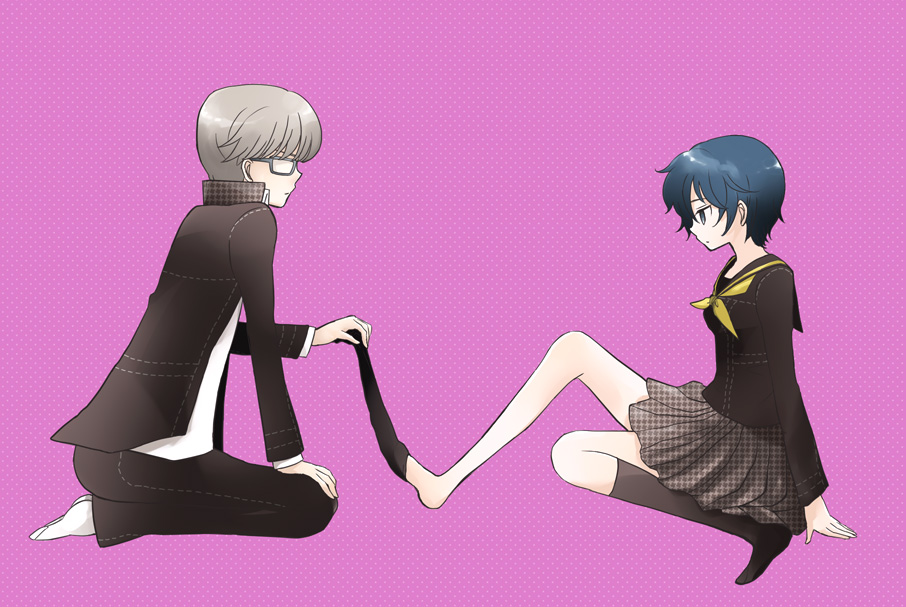 narukami yu, shirogane naoto, atlus, persona, persona 4, barefoot, blue eyes, blue hair, feet, glasses, grey hair, school uniform, short hair, sock pull, socks