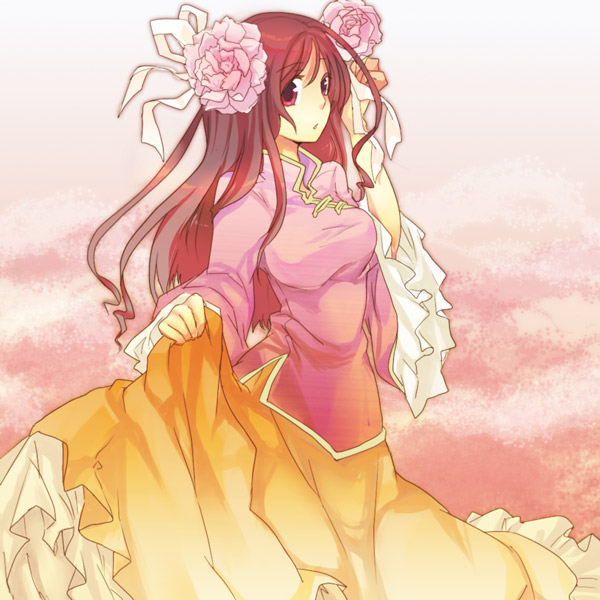 abi, abitu, taiwan (hetalia), axis powers hetalia, 00s, 1girl, adjusting hair, breasts, brown hair, changpao, chinese clothes, dress, female focus, flower, hair flower, hair ornament, long hair, plum blossoms, red hair, skirt, solo, standing