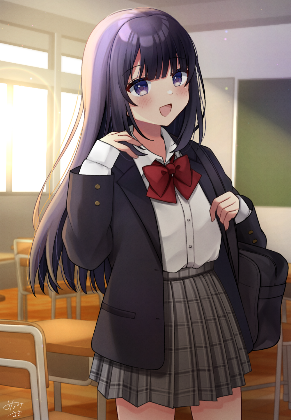 minami saki, original, commentary request, highres, 1girl, :d, bag, black jacket, blush, bow, bowtie, buttons, classroom, collared shirt, desk, grey skirt, hand up, indoors, jacket, long hair, long sleeves, open clothes, open jacket, open mouth, plaid clothes, plaid skirt, pleated skirt, purple eyes, purple hair, red bow, red bowtie, school bag, school desk, school uniform, shirt, signature, skirt, smile, solo, white shirt