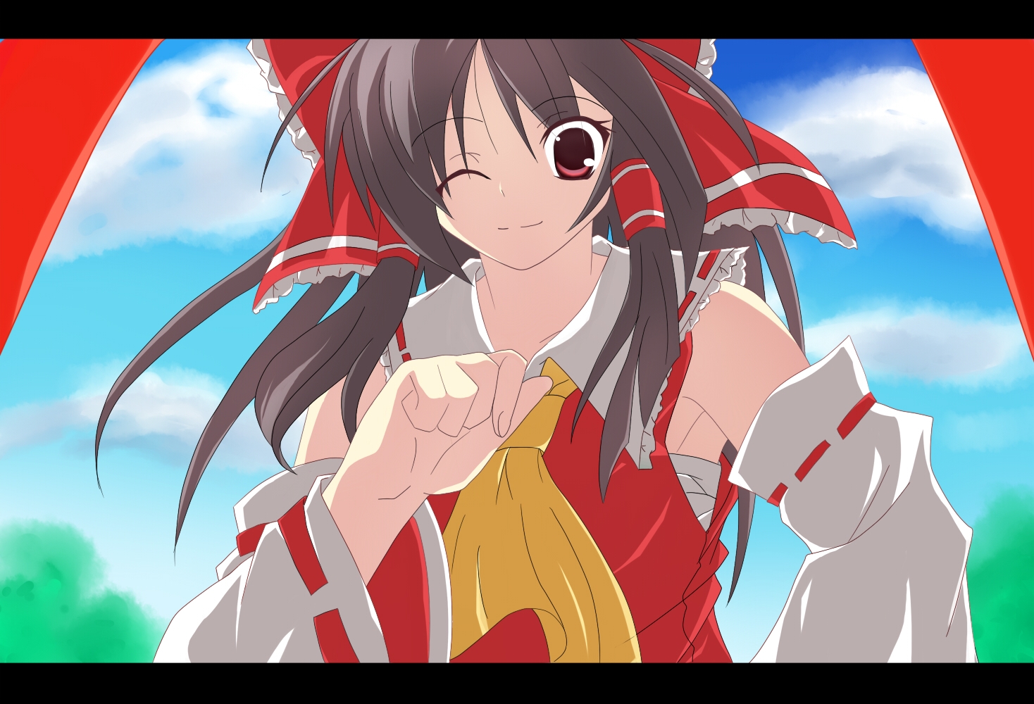 shino (moment), hakurei reimu, touhou, 1girl, ascot, bare shoulders, blue sky, blush, brown eyes, brown hair, cloud, day, detached sleeves, female focus, looking at viewer, pillar, ribbon-trimmed sleeves, ribbon trim, sky, solo, tareme