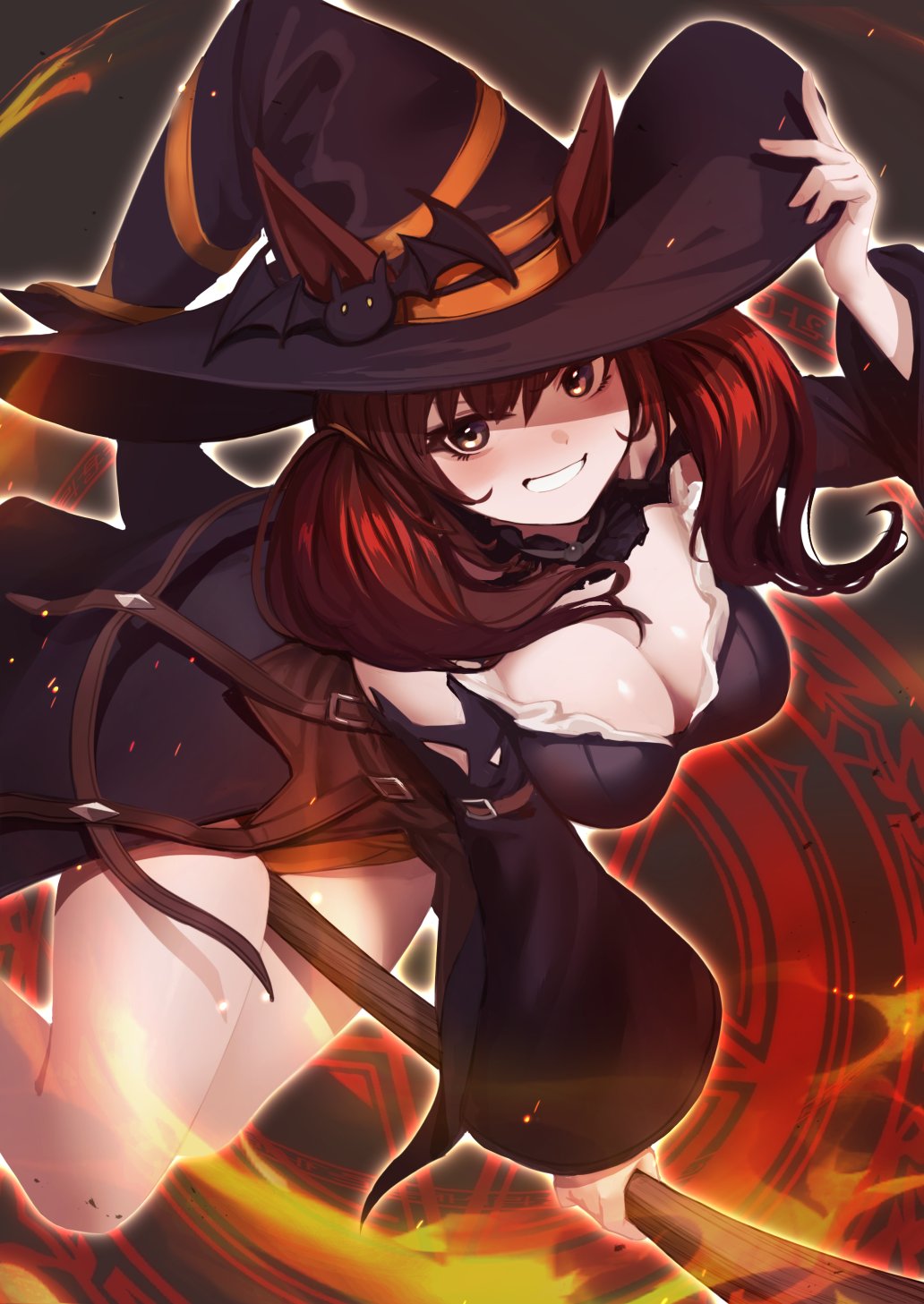 hoshikuzu kizuna (kizuna stardust), nice nature (umamusume), umamusume, alt text, commentary, english commentary, highres, 1girl, alternate breast size (larger), alternate costume, animal ears, bare shoulders, bat hat ornament, black dress, blush, breasts, broom, broom riding, cleavage, dress, ears through headwear, halloween costume, hat, holding, holding broom, horse ears, horse girl, horse tail, large breasts, long sleeves, looking at viewer, magic circle, off-shoulder dress, off shoulder, puffy long sleeves, puffy sleeves, smile, solo, tail, thighs, witch, witch hat