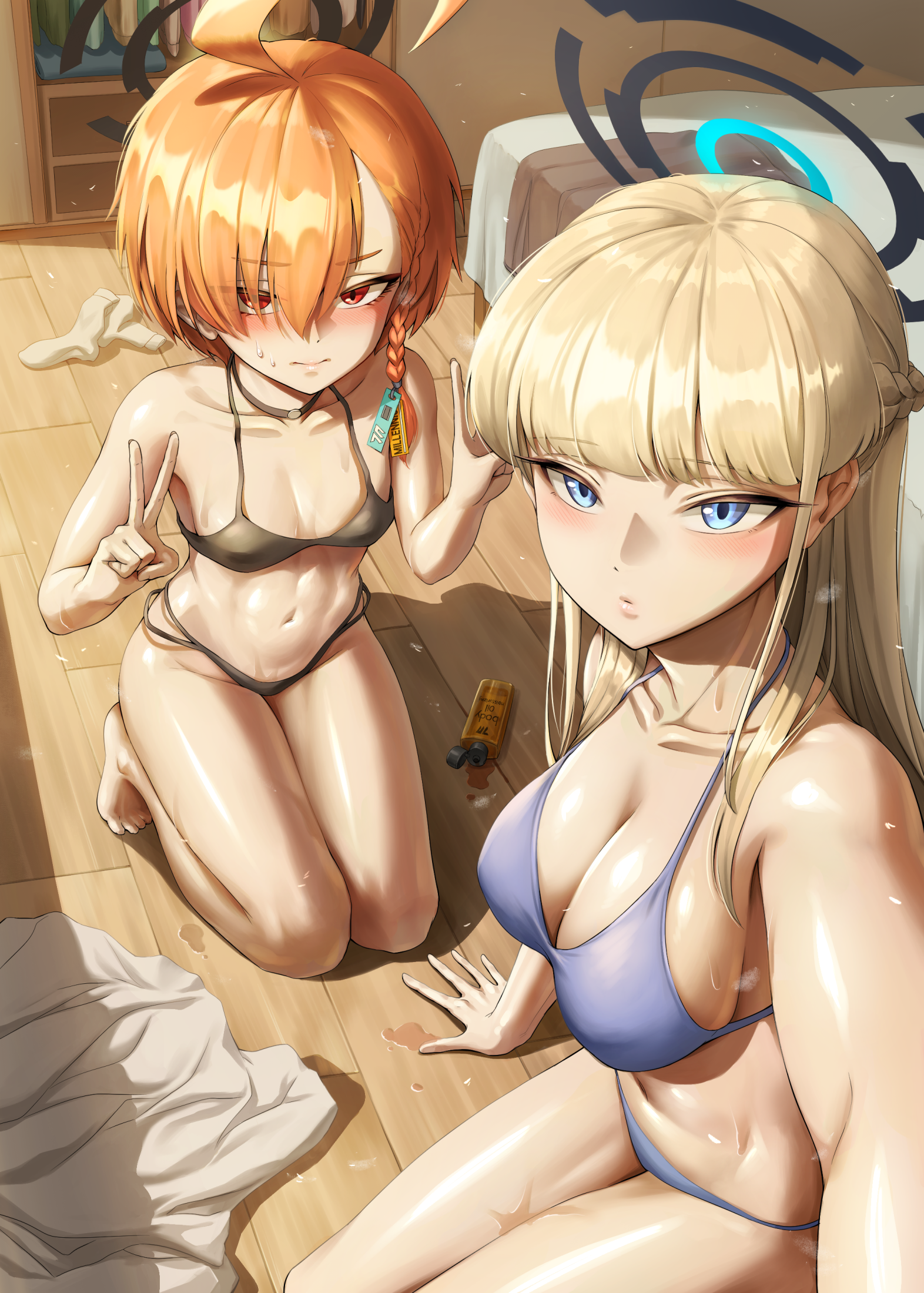 panzaa, neru (blue archive), toki (blue archive), blue archive, commentary request, highres, 2girls, alternate costume, bikini, black bikini, black choker, black halo, blonde hair, blue bikini, blue eyes, blue halo, blush, braid, breasts, choker, closed mouth, double v, eyes visible through hair, hair over one eye, half up braid, halo, kneeling, large breasts, long hair, multiple girls, navel, red eyes, red hair, short sleeves, single braid, small breasts, stomach, sweatdrop, swimsuit, v