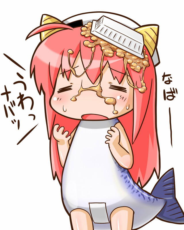 hondarai, 2003 server, os-tan, translation request, = =, chibi, closed eyes, fish girl, food, horns, long hair, maebari, nattou, orange hair, red hair, simple background, solo, white background