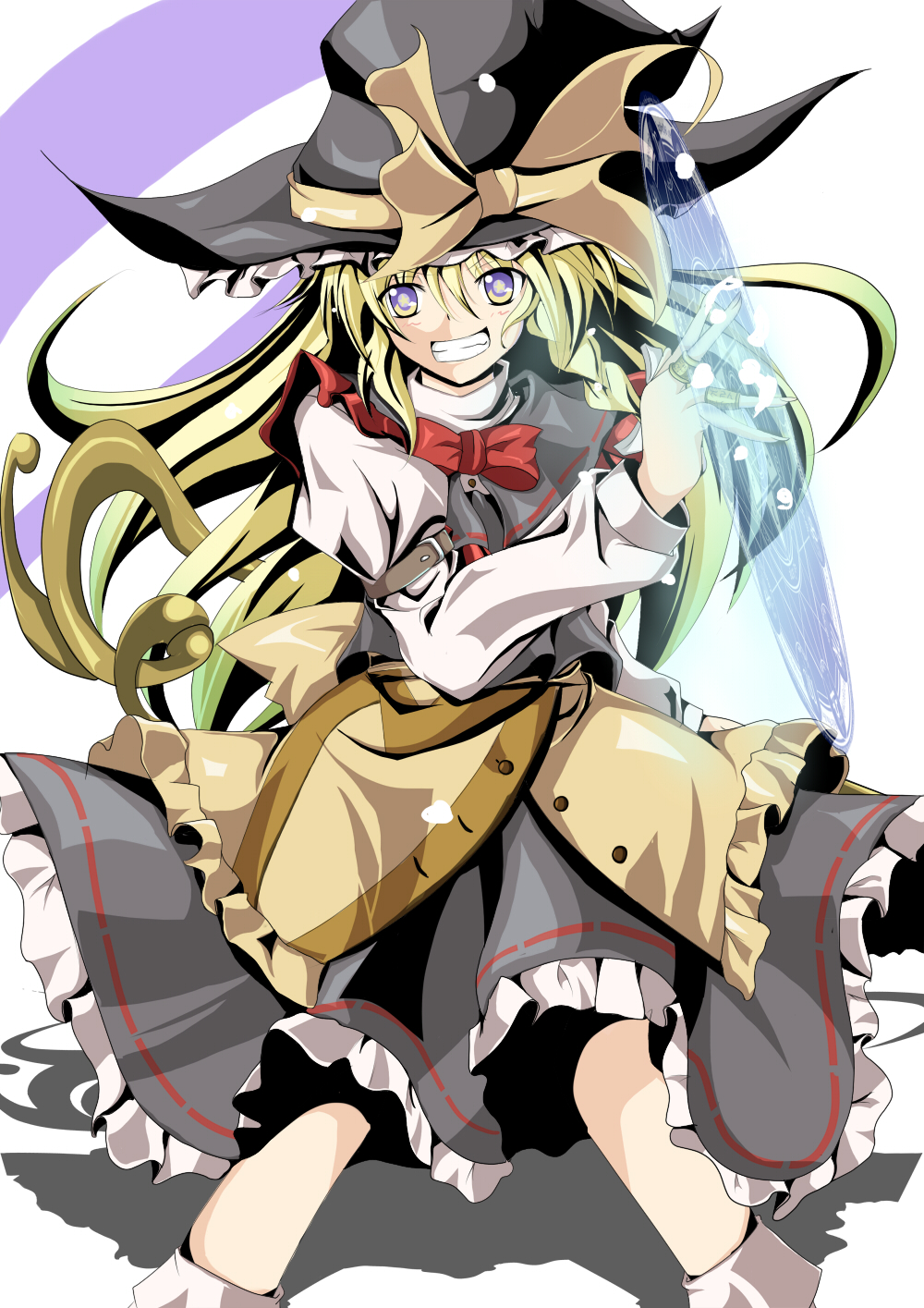 shino (moment), kirisame marisa, touhou, undefined fantastic object, highres, 1girl, black hat, blonde hair, female focus, hat, magic circle, skirt, solo, white background, witch, witch hat