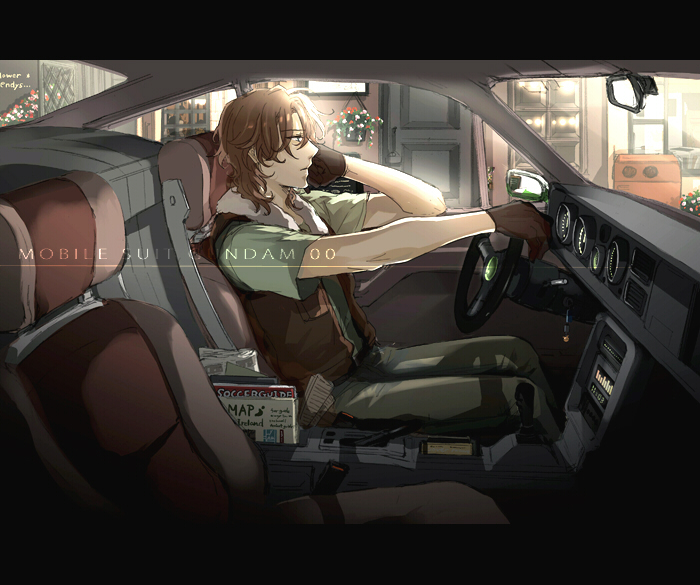masso, lockon stratos, neil dylandy, gundam, gundam 00, bad id, bad pixiv id, 00s, 1boy, brown hair, car, car interior, gloves, left-hand drive, male focus, motor vehicle, solo