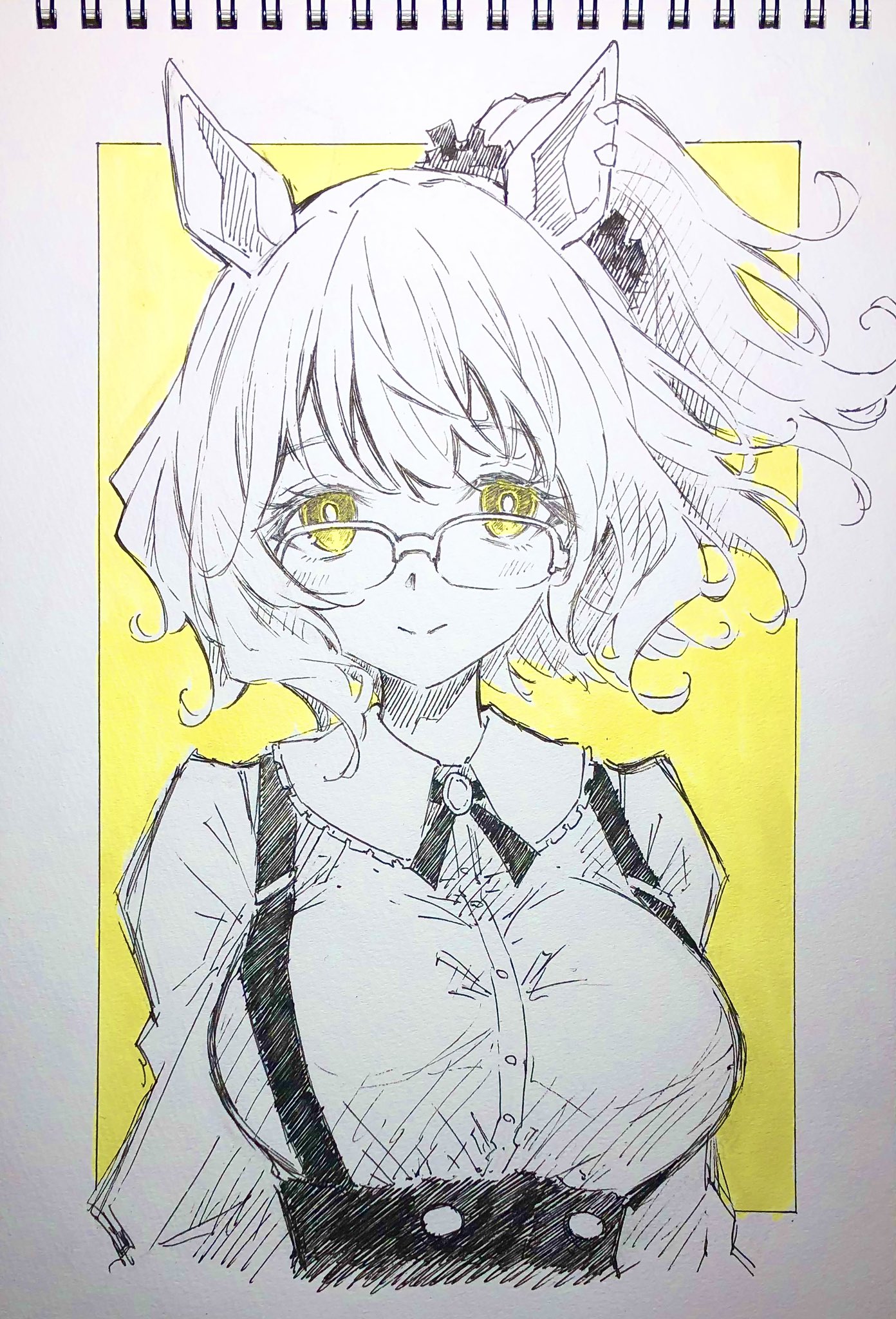 mizuiro neko, aston machan (casual) (umamusume), aston machan (umamusume), umamusume, hashtag-only commentary, highres, photo (medium), traditional media, 1girl, animal ears, breasts, closed mouth, glasses, greyscale, hair between eyes, horse ears, horse girl, large breasts, light smile, long sleeves, looking at viewer, medium hair, monochrome, ponytail, shirt, sidelocks, solo, spot color, upper body, yellow background, yellow eyes