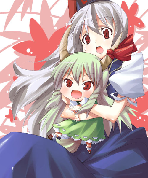 hama chon, ex-keine, kamishirasawa keine, touhou, silver hair, 2girls, chibi, dual persona, female focus, green hair, hat, horns, long hair, multiple girls, red eyes, tail