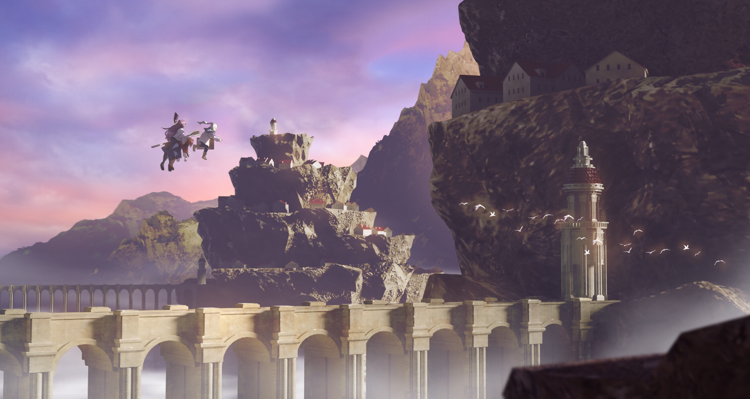 fern (sousou no frieren), frieren, stark (sousou no frieren), sousou no frieren, commentary request, 1boy, 2girls, arch, bridge, building, cliff, flock, flying, mage staff, magic, multiple girls, outdoors, sansanchin3, scenery, simple bird, sky, staff, tower, wide shot