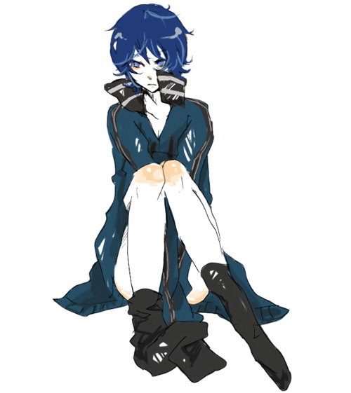 hj1896, madkiwii, shirogane naoto, atlus, persona, persona 4, bad id, bad pixiv id, 1girl, blue eyes, blue hair, female focus, matching hair/eyes, short hair, socks, solo