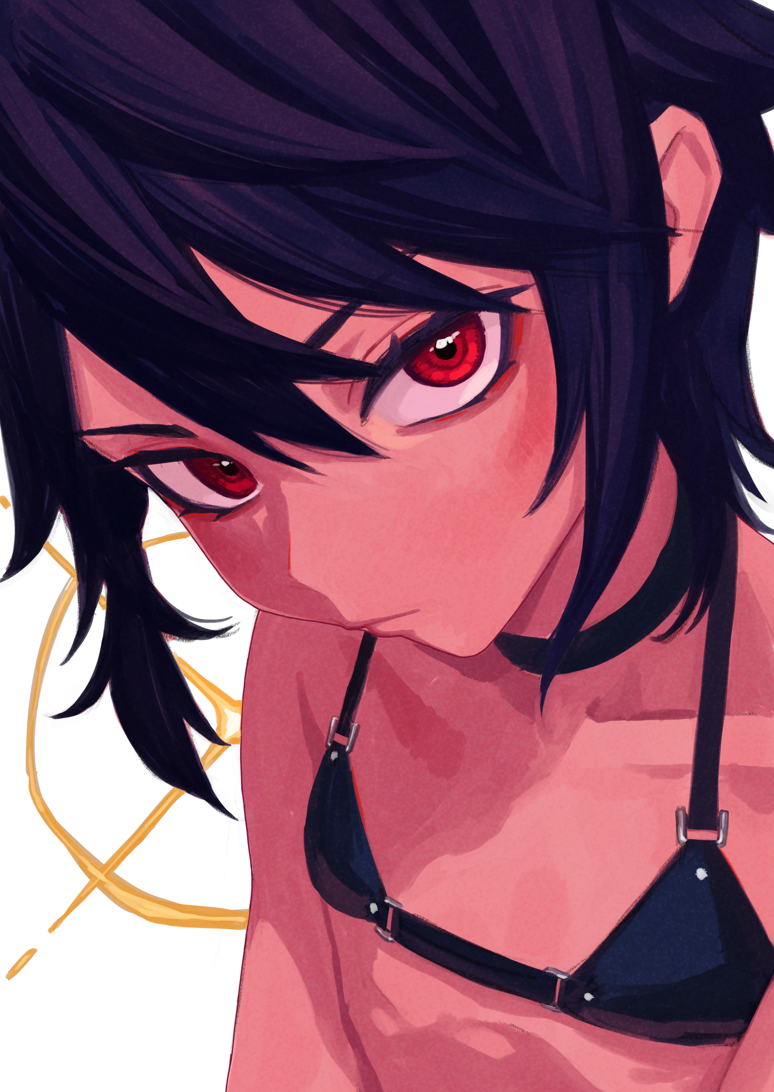 pastime774, lulu (pastime774), original, absurdres, highres, 1girl, bikini, black bikini, black hair, choker, expressionless, flat chest, head tilt, looking at viewer, red eyes, short hair, solo, swimsuit, unique job "tanetsuke oji-san" o kakutoku shimashita, upper body