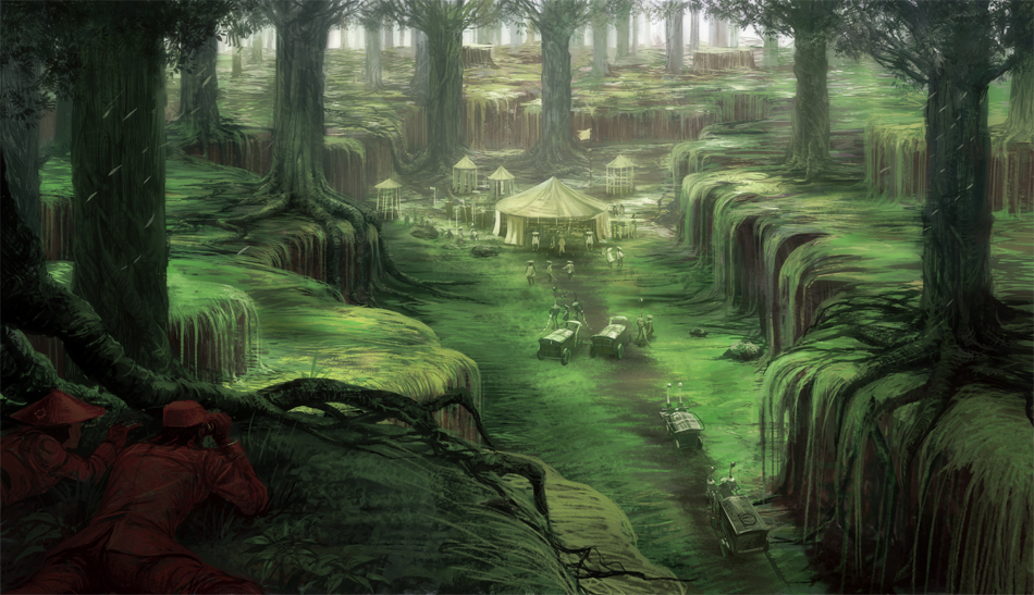 noba, nagashima (pixiv fantasia), pixiv fantasia, pixiv fantasia 3, 6+boys, akatsuhara empire, camp, caravan, cart, forest, male focus, multiple boys, nature, plant roots, scenery, tree, wagon