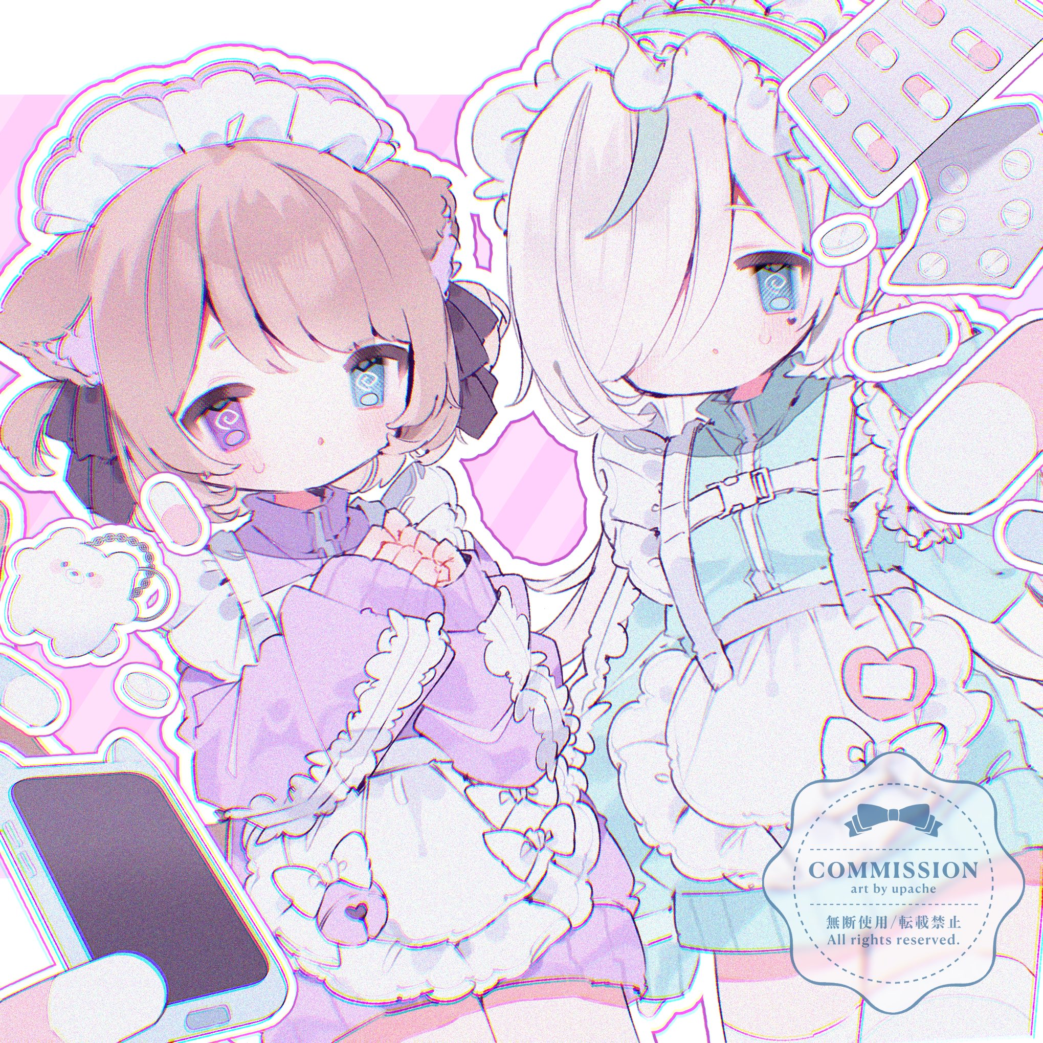 upa papa co, original, commentary, commission, highres, 2girls, @ @, apron, artist name, black ribbon, blue eyes, blush, brown hair, cellphone, cowboy shot, frilled apron, frills, green jacket, hair over one eye, hair ribbon, heterochromia, jacket, jersey maid, long sleeves, looking at viewer, maid, maid headdress, multiple girls, parted lips, phone, pill, purple eyes, purple jacket, ribbon, short hair, smartphone, track jacket, unconventional maid, watermark, white apron, white hair