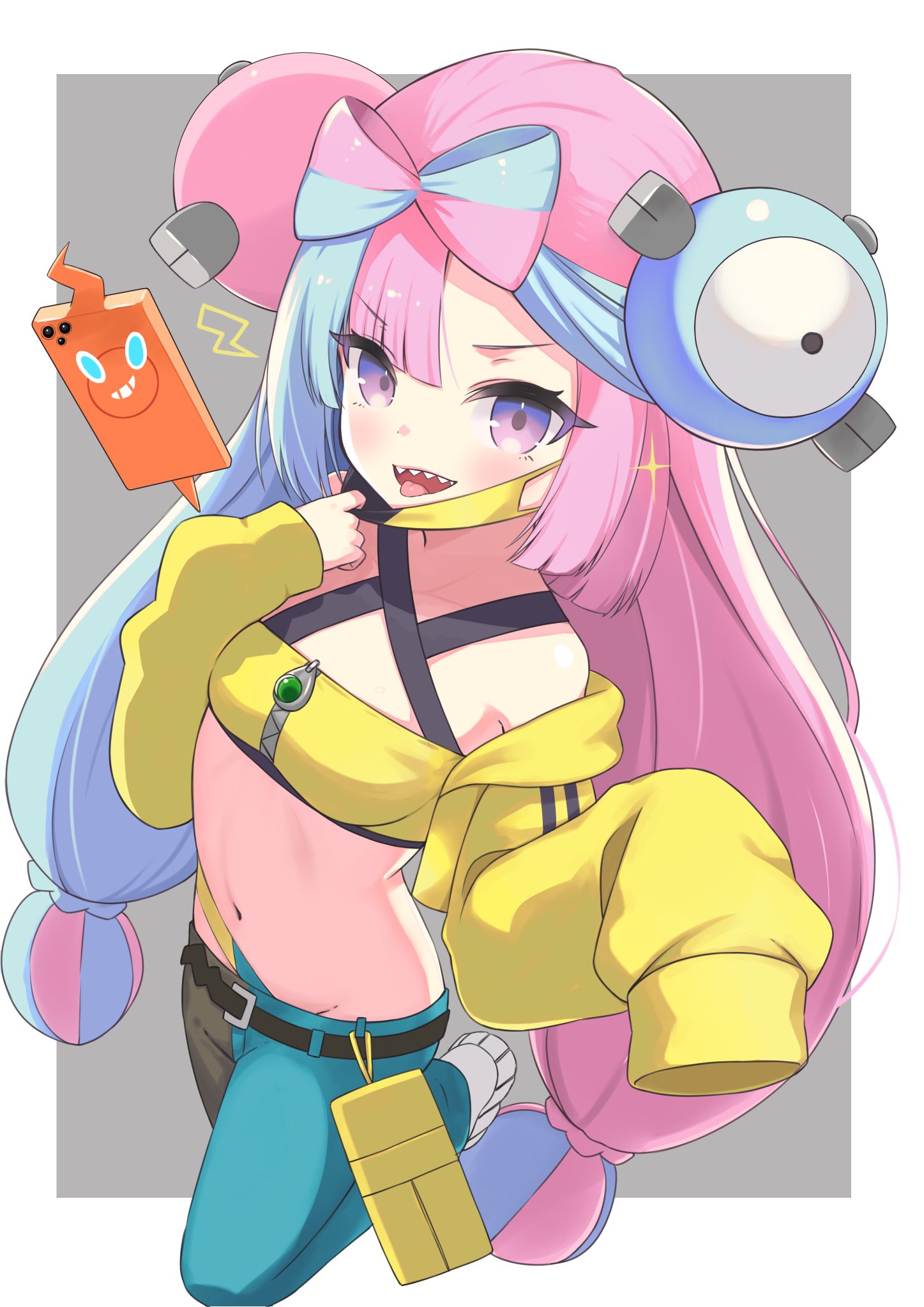 siragagaga, canari (pokemon), iono (pokemon), rotom, rotom phone, nintendo, pokemon, pokemon legends: z-a, pokemon sv, commentary request, highres, bandeau, black pants, blue hair, blue pants, bow-shaped hair, breasts, canari (pokemon) (cosplay), character hair ornament, cosplay, gen 4 pokemon, hair ornament, jacket, long hair, looking at viewer, midriff, multicolored hair, navel, open mouth, pants, pink hair, purple eyes, sharp teeth, small breasts, teeth, tongue, tongue out, two-tone hair, two-tone pants, very long hair, yellow bandeau, yellow jacket