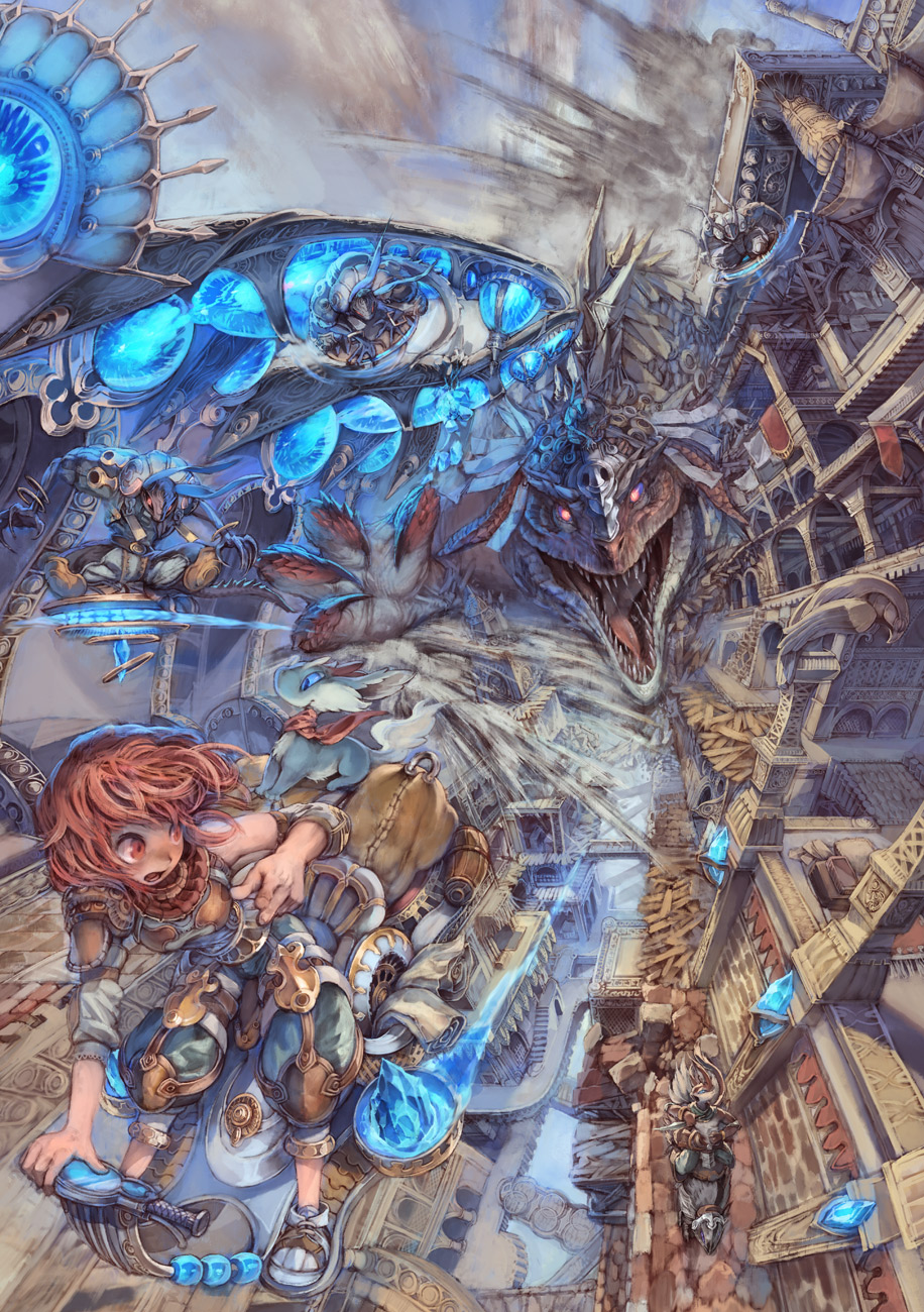 murayama, murayama ryota, original, highres, brown eyes, brown hair, building, chasing, dragon, fantasy