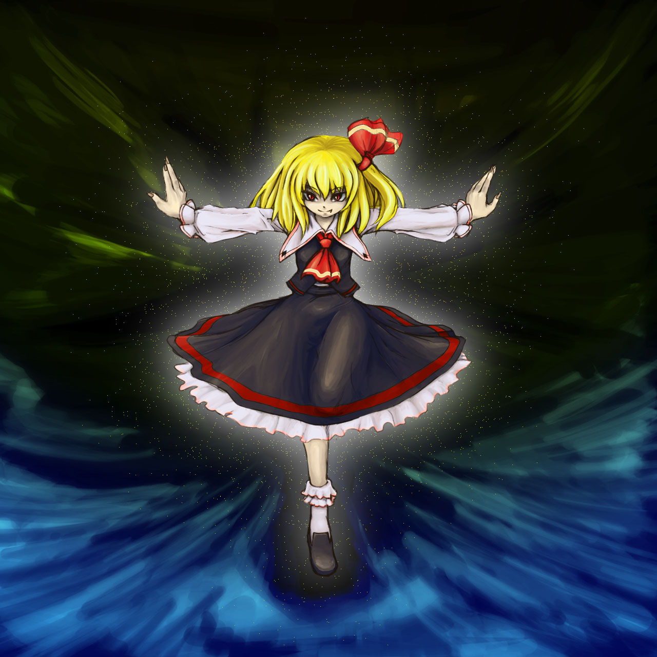 cuphea, rumia, embodiment of scarlet devil, touhou, highres, 1girl, blonde hair, female focus, full body, hair ribbon, outstretched arms, red eyes, ribbon, short hair, solo, spread arms