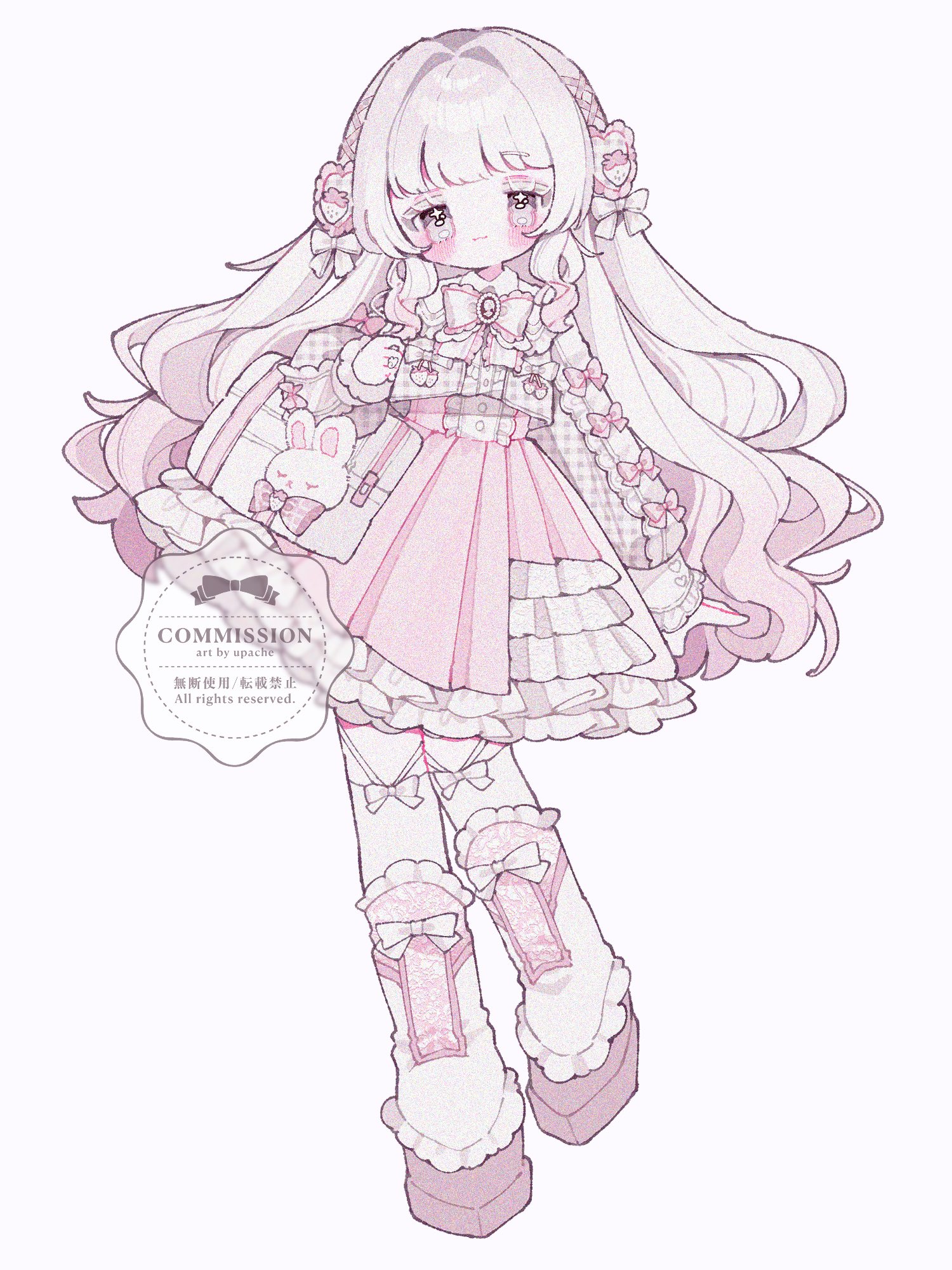 upa papa co, original, commentary, commission, highres, 1girl, :3, artist name, blunt bangs, blush, bow, bowtie, brown shoes, closed mouth, frilled skirt, frills, full body, long hair, looking at viewer, pink skirt, pleated skirt, shirt, shoes, simple background, skirt, smile, solo, standing, standing on one leg, thighhighs, watermark, white background, white bow, white bowtie, white eyes, white hair, white shirt, white thighhighs