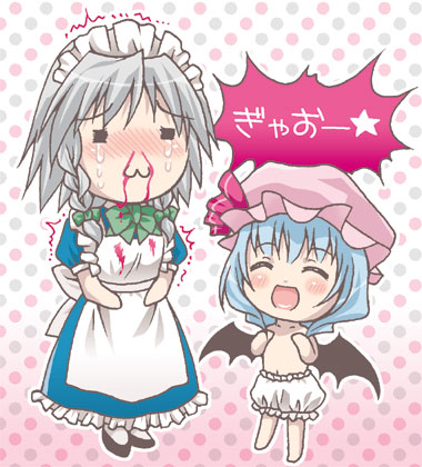 minogame, opa, izayoi sakuya, remilia scarlet, touhou, silver hair, lowres, 2girls, :3, = =, ^ ^, bat wings, blood, bloomers, blue hair, blush, braid, chibi, closed eyes, female focus, hairband, hat, multiple girls, nosebleed, short hair, tears, topless female, twin braids, underwear, wings
