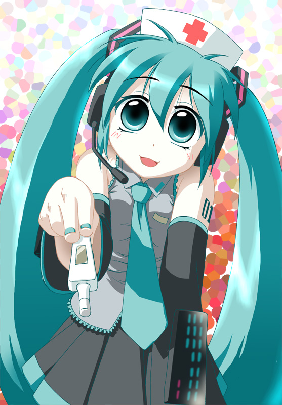 kaji sakaki, hatsune miku, vocaloid, bad id, bad pixiv id, 1girl, aqua eyes, aqua hair, blush, detached sleeves, female focus, hair ornament, hat, headphones, long hair, microphone, miniskirt, necktie, nurse, pleated skirt, skirt, smile, solo, standing, thermometer, twintails, very long hair
