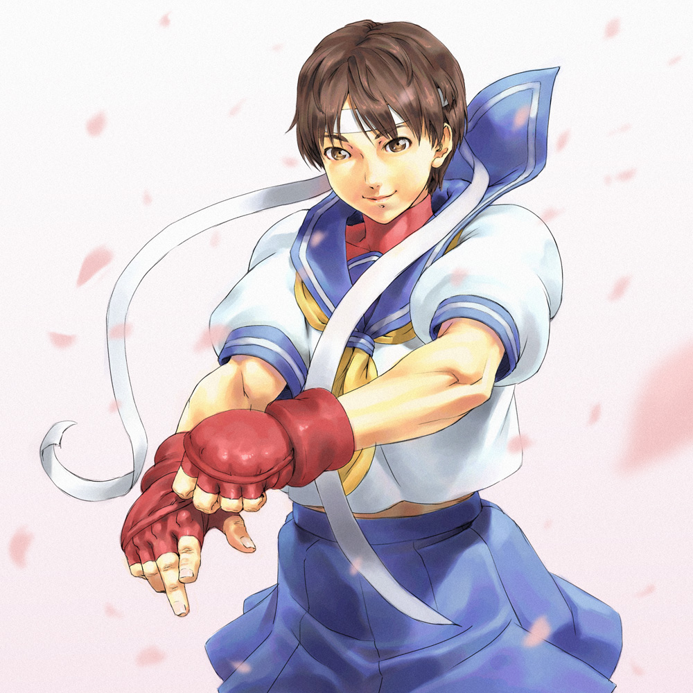 chyko, kasugano sakura, capcom, street fighter, bad id, bad pixiv id, 1girl, blue sailor collar, brown eyes, brown hair, female focus, headband, sailor collar, school uniform, serafuku, solo