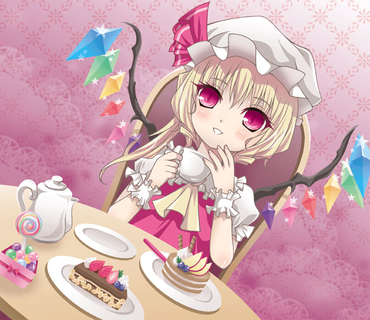 minogame, opa, flandre scarlet, touhou, bad id, bad pixiv id, 1girl, blonde hair, cake, candy, female focus, food, hat, pastry, ponytail, red eyes, short hair, side ponytail, slit pupils, solo, tea, wings