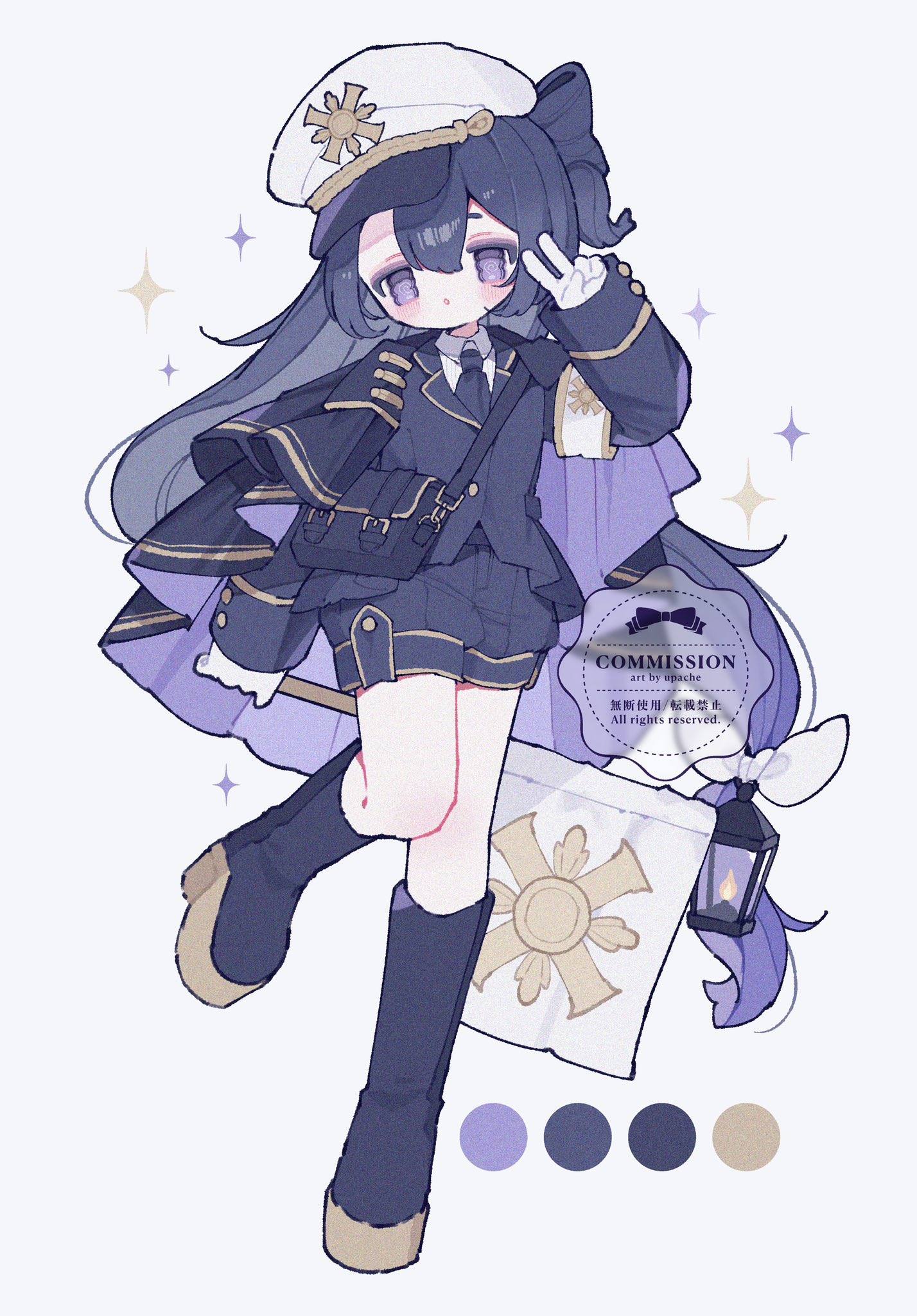 upa papa co, original, commentary, commission, highres, 1girl, artist name, bag, black boots, black cape, black jacket, black necktie, black shorts, blue hair, blush, boots, cape, color guide, double-parted bangs, full body, gloves, hair between eyes, hand up, hat, jacket, knee boots, lantern, long hair, long sleeves, necktie, one side up, parted lips, peaked cap, shorts, simple background, solo, standing, standing on one leg, v, watermark, white background, white gloves, white hat, wing collar
