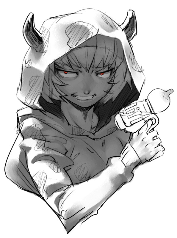 chyko, bad id, bad pixiv id, gender request, androgynous, greyscale, grin, hood, horns, monochrome, red eyes, sketch, smile, solo, spot color