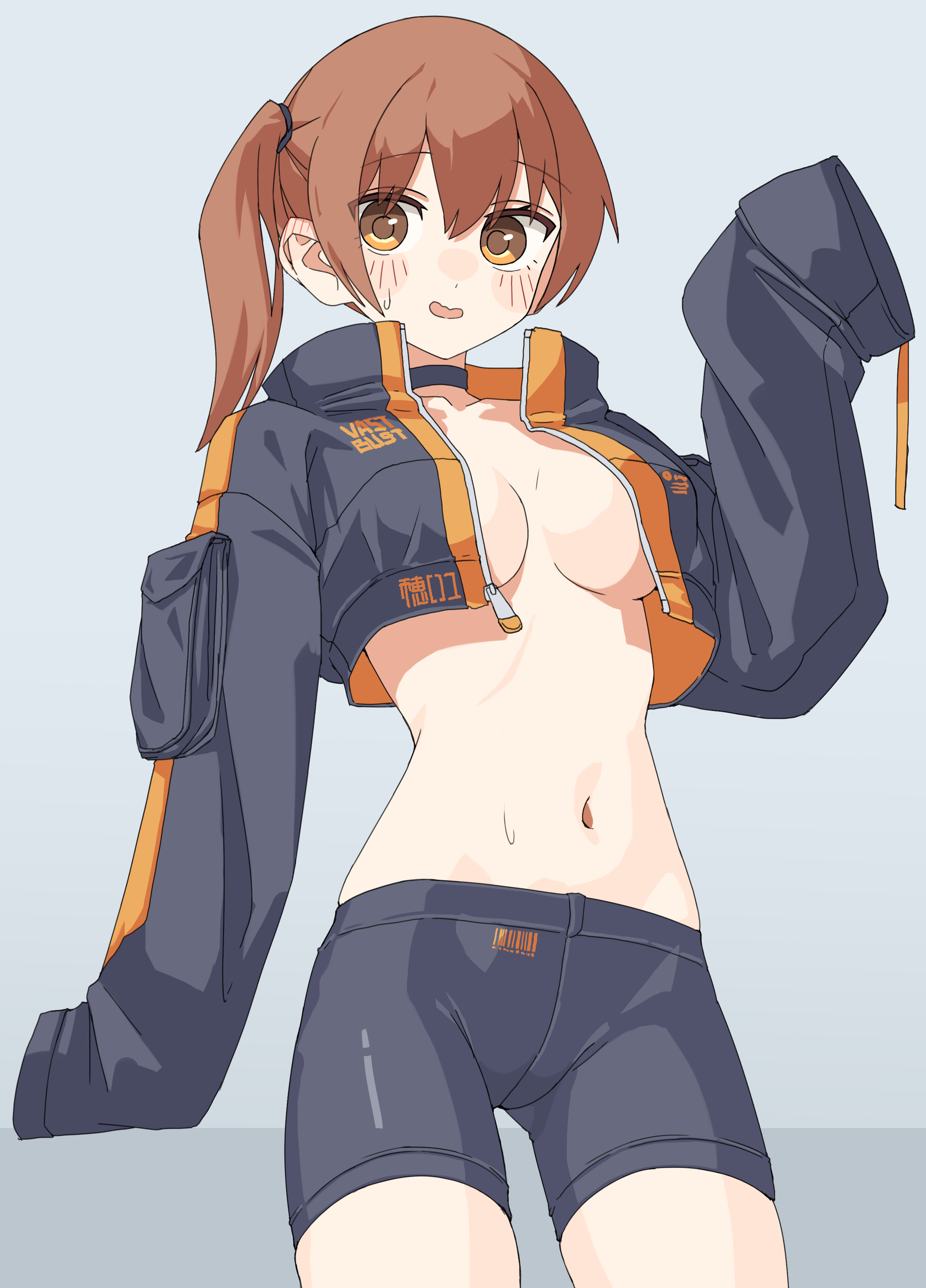 kopaka (karda nui), original, absurdres, commentary request, highres, 1girl, bike shorts, black choker, black jacket, black shorts, blush, breasts, brown hair, choker, grey background, jacket, long sleeves, looking at viewer, medium breasts, navel, open clothes, open jacket, short hair, shorts, side ponytail, simple background, sleeves past fingers, sleeves past wrists, solo, stomach, sweat, thighs, yellow eyes