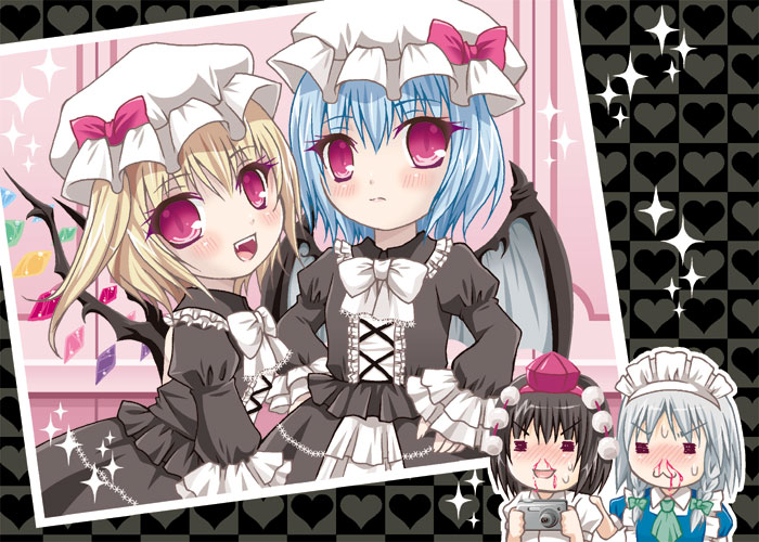 minogame, opa, flandre scarlet, izayoi sakuya, remilia scarlet, shameimaru aya, touhou, silver hair, 4girls, :3, alternate costume, bat wings, black hair, blonde hair, blood, blue hair, blush, braid, camera, female focus, gothic lolita, hairband, hat, lolita fashion, multiple girls, nosebleed, photo (object), red eyes, short hair, tokin hat, twin braids, wings