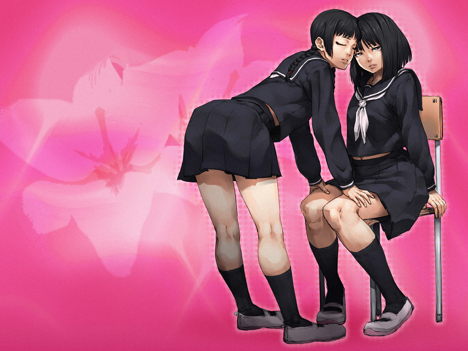 chyko, highres, 2girls, black eyes, black hair, flower, kneepits, lily (flower), multiple girls, school uniform, serafuku, sitting