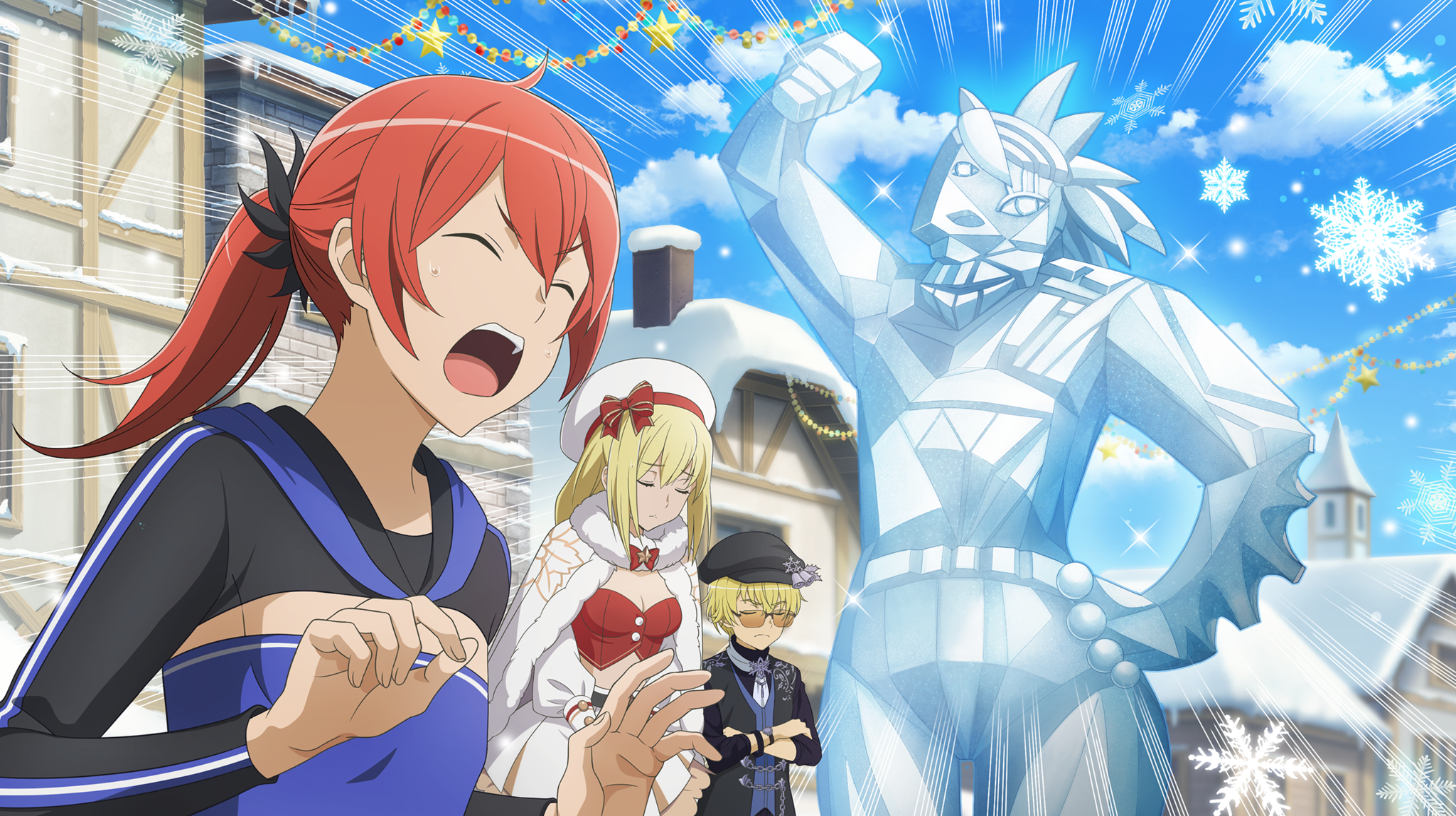 aiz wallenstein, finn deimne, loki (danmachi), danmachi battle chronicle, dungeon ni deai wo motomeru no wa machigatteiru darou ka, game cg, highres, non-web source, official art, 1boy, 2girls, anime coloring, bandeau, beret, black hat, black shrug, black vest, blonde hair, blue bandeau, blue sky, bow, breasts, buttons, capelet, christmas, cleavage, closed eyes, closed mouth, crop top, flat chest, fur-trimmed capelet, fur trim, glasses, half-timbered, hat, hat bow, hat ornament, house, ice sculpture, long hair, medium breasts, multiple girls, newsboy cap, official alternate costume, open mouth, pablo picasso (style), ponytail, red bow, red hair, short hair, shrug (clothing), sidelocks, skirt, sky, snow, snowflake hat ornament, snowflakes, snowing, star (symbol), sweatdrop, vest, white capelet, white hat, white skirt