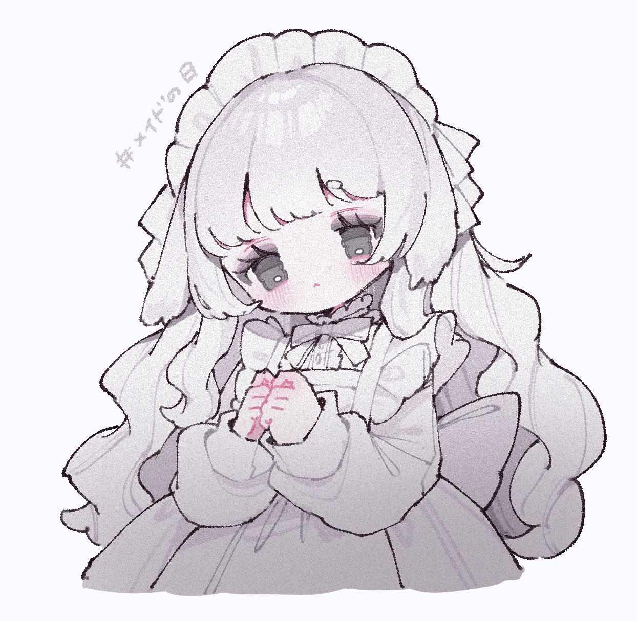 upa papa co, original, commentary request, highres, 1girl, :<, apron, blush, bow, bowtie, closed mouth, cropped torso, dress, grey eyes, long hair, long sleeves, maid, maid day, maid headdress, simple background, solo, white apron, white background, white bow, white bowtie, white dress, white hair