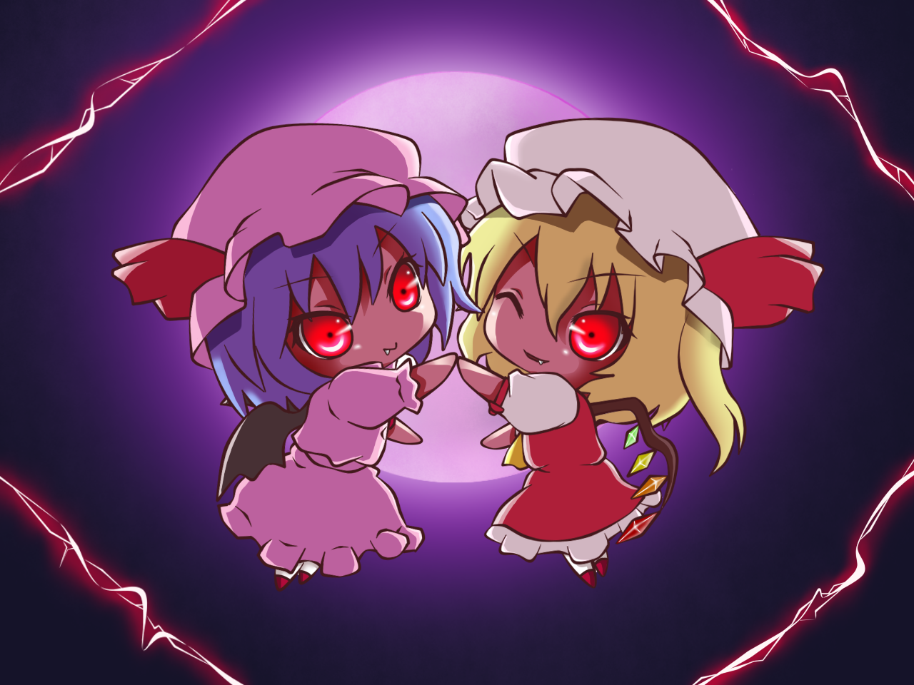genkai madika, flandre scarlet, remilia scarlet, touhou, 2girls, bat wings, blonde hair, blue hair, chibi, fang, female focus, hat, multiple girls, one eye closed, one side up, ponytail, red eyes, short hair, siblings, side ponytail, sisters, wings, wink