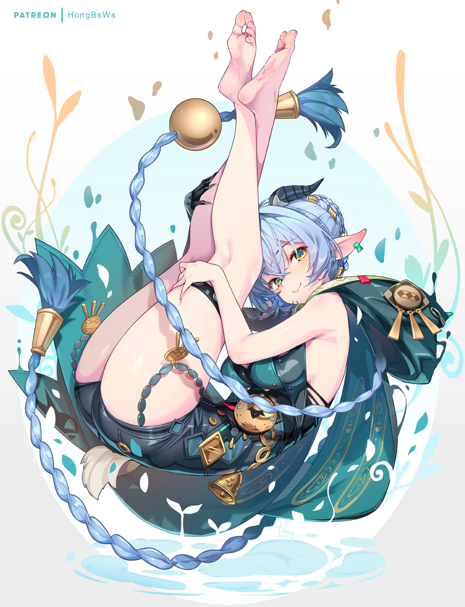 hong (white spider), lucia elowen, zenless zone zero, commentary request, highres, 1girl, animal ears, black horns, blue hair, braid, breasts, closed mouth, full body, goat ears, goat girl, goat horns, goat tail, green eyes, horns, legs, legs up, long hair, looking at viewer, medium breasts, patreon username, pointy ears, smile, soles, solo, tail, thigh strap, thighs, toes, twin braids, very long hair