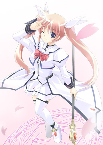 raising heart, raising heart (accel mode), takamachi nanoha, takamachi nanoha (aggressor mode), lyrical nanoha, mahou shoujo lyrical nanoha, lowres, 00s, 1girl, blue eyes, brown hair, female focus, hair ribbon, happy, magical girl, one eye closed, purple eyes, ribbon, solo, thighhighs, twintails, wink, zettai ryouiki