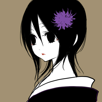 sakurai (f/l), kuchiki rukia, bleach, lowres, 00s, 1girl, black eyes, black hair, brown background, female focus, flower, hair flower, hair ornament, high contrast, lipstick, makeup, monochrome, short hair, simple background, solo, spot color