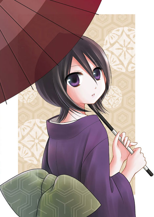 sakurai (f/l), kuchiki rukia, bleach, 00s, black hair, brown hair, japanese clothes, kimono, looking back, oil-paper umbrella, purple eyes, short hair, solo, umbrella